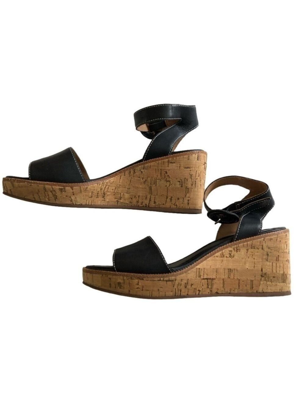 Bernardo Size 8 black leather ankle strap cork wedge sandal  3” heel 1” platform